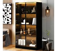 Vitrina de cristal 70 × 40 × 160 cm - vitrina de cristal LED a prueba de polvo con puerta de cristal templado, marco de puerta de aluminio y barra de luz amarilla cálida integrada en cada nivel