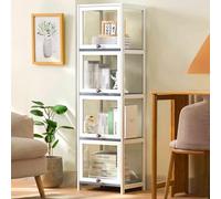 Vitrina de cristal acrílico, marco de bambú, almacenamiento de alta capacidad, instalación rápida, estantería moderna para uso doméstico u oficina