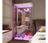 Vitrina de cristal con 4 estantes y puertas, 164 x 81 x 37 cm, para colección, con LED y doble puerta con luz, transparente