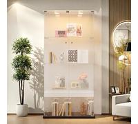 Vitrina de cristal con LED, 4 capas, vitrina de 2 puertas, vitrina de cristal de pie con cerradura, armario sin marco, vitrina de coleccionista para vivienda, dormitorio, oficina (negro-A, 78,5 x 35 x