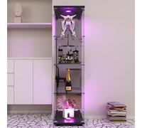 Vitrina de cristal con LED, Armadura de vitrina moderna con 4 estantes de espejo de cristal ESG, escaparate de colección para el bar, el salón, 164 x 42,5 x 36,5 cm, negro