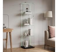 Vitrina de cristal con LED, armario de cristal para exhibición con 1 puerta, 4 estantes y cerradura vitrina para coleccionismo, vitrina de salón moderna para bar, centro comercial (color negro, tira