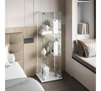 Vitrina de cristal con tiras LED, 124 x 78,5 x 35 cm, armario de colección moderno de lentes de 3 capas con 1 puerta y cerradura, 5 mm de vidrio templado transparente armadillo de lentes de pie para