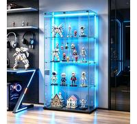 Vitrina de cristal con tiras LED, 163 x 78,5 x 35 cm, armario de colección moderno de lentes de 4 capas con 2 puertas y cerradura, 5 mm de vidrio templado transparente armadillo de lentes de pie para