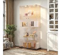 Vitrina de cristal de pie con LED, vitrina de pie con 4 capas y 2 puertas de vidrio templado, vitrina para salón, oficina, dormitorio (negro+LED-A, 163 x 35 x 78,5 cm + 4 pisos y 2 puertas)