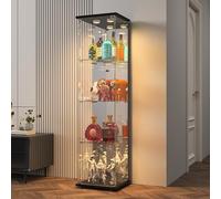 Vitrina de Cristal LED 164x42.5x36.5cm,Vitrina Expositora para Coleccionista con 4 Estantes con Puertas Vidrio de Cerradura y Pared Trasera de Espejo,Vitrina Cristal para Salón Dormitorio, Negro