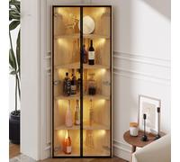 Vitrina de cristal LED, 62 x 35 x 160 cm, exterior de roble, barra de luz integrada, armario de cristal templado a prueba de polvo, vitrina de esquina con puerta, vitrina de colección, estantería