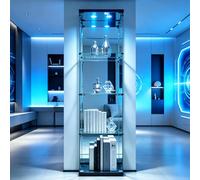 Vitrina de cristal moderna, vitrina de colección, de pie, color blanco, estrecha, vitrina de esquina, vitrina de cristal con cerradura LED (negro, 1 puerta, 4 capas de espejo LED)