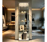 Vitrina de cristal moderna, vitrina de colección, de pie, color blanco, estrecha, vitrina de esquina, vitrina de cristal con cerradura LED (blanco, 1 puerta, 4 capas de espejo LED)