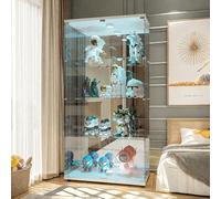 Vitrina de cristal, Vitrina expositora cristal de pie con cerradura y iluminación LED, Armario vitrina para colección con 2 puertas 4 compartimentos para salón, dormitorio, oficina, Blanco (Blanco)