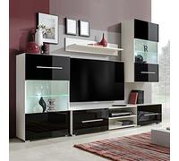 Vitrina de Pared Completa 5 Piezas con Luces LED, Mueble de TV y Estante, Armario de Almacenaje con Puertas de Vidrio, Madera de Ingeniería, Blanco y Negro, 240x40x195 cm