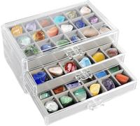 Vitrina de Roca, Vitrina de Piedras Preciosas Caja de Colección de Rocas Caja de Almacenamiento de Cristal Cajas de Almacenamiento de Joyas de Acrílico con Bandejas de Terciopelo (3 Niveles, Gris)