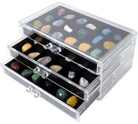 Vitrina de Roca, Vitrina de Piedras Preciosas Caja de Colección de Rocas Caja de Almacenamiento de Cristal Cajas de Almacenamiento de Joyas de Acrílico con Bandejas de Terciopelo (3 Niveles, Negro)