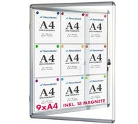 Vitrina exclusiva con material de montaje - Caja informativa - Parte posterior magnética & escribible - Puerta doble con cerradura de cilindro - Marco de aluminio (para 9 x A4)