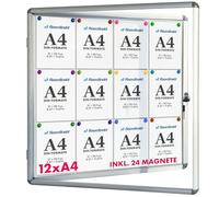 Vitrina exclusiva con material de montaje - Caja informativa - Parte posterior magnética & escribible - Puerta doble con cerradura de cilindro - Marco de aluminio (para 12 x A4)