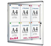 Vitrina exclusiva con material de montaje - Caja informativa - Parte posterior magnética y rotulable - Puerta de doble cara con cerradura de cilindro - Marco de aluminio (para 6 x A4)