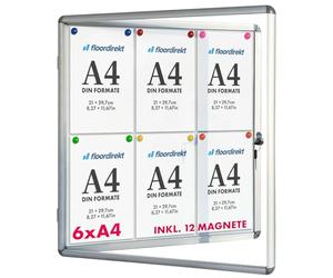 Vitrina exclusiva con material de montaje - Caja informativa - Parte posterior magnética y rotulable - Puerta de doble cara con cerradura de cilindro - Marco de aluminio (para 6 x A4)