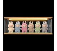 Vitrina Expositora para Labubu Muñeco Pop Mart The Monsters SKULLPANDA, Cajas de Metacrilato Acrilica Transparente para Funko Pop Crybaby Peluche Grande Luz LED con Puerta, Madera Interior 60x10x20cm