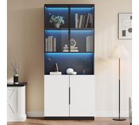 Vitrina minimalista moderna con puertas de cristal, vitrina con luces LED, estantería para coleccionables, temperatura de color ajustable y brillo, puertas blancas con decoración negra, 80*30*200cm