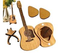 Vitrina para púas de guitarra, organizador único de madera para púas de bajo, contenedor de almacenamiento en forma de guitarra con 3 púas y soporte, caja grabada de coleccionista para artículos