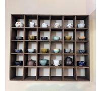Vitrina para vasos, expositor para tazas de madera montado en la pared, estantería flotante multicompartimento para tazas de té, tazas de café, ideal para guardar cocina y salón, 6 x 8 cm, 48 ranuras