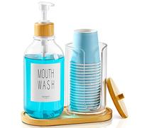 VITVITI Juego Dispensador Enjuague Bucal Baño,Botella Bomba Enjuague Bucal Portavasos Papel, 17Oz Contenedor Enjuague Bucal Bambú Rellenable Botellas Dispensadoras Tapa/Bandeja/Etiqueta Bambú