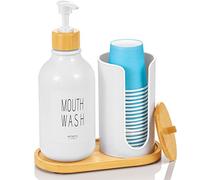 VITVITI Juego Dispensador Enjuague Bucal Baño, Botella Bomba Enjuague Portavasos Papel,17Oz Contenedor Enjuague Bambú Plástico Rellenable,Botellas Dispensadoras Enjuague Tapa/Bandeja/Etiqueta (White)