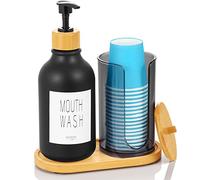 VITVITI Juego Dispensador Enjuague Bucal Baño, Botella Bomba Enjuague Portavasos Papel,17Oz Contenedor Enjuague Bambú Plástico Rellenable,Botellas Dispensadoras Enjuague Tapa/Bandeja/Etiqueta (Black)