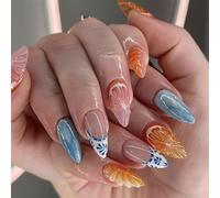 Viugex 24 Pcs Uñas Postizas Medianas Almendra, Naranja Fresco 3D Acrílico Uñas Falsas, Cubierta Completa Reutilizables Adhesivas Artificial Uñas, French Tips Press on Nails para Mujeres DIY Manicura