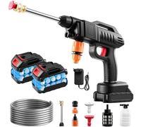 Viugreum 1500W Limpiador Presión Inalámbrico con batería de 2 * 2000mAh, Limpiador a Presión de 21V con 2 Boquillas (0°, 40°), 5m Manguera, Conector, Recipiente de Espuma Kit de Limpieza para Coches