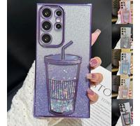 VIUXL Transparent 3D Milk Tea Cup Soft Mobile Phone Case for Samsung, Gradient Glitter Quicksand Milk Tea for Samsung S24/S23/S22 Ultra (S23 Ultra,Purple)