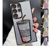 VIUXL Transparent 3D Milk Tea Cup Soft Mobile Phone Case for Samsung, Gradient Glitter Quicksand Milk Tea for Samsung S24/S23/S22 Ultra (S23 Ultra,Black)