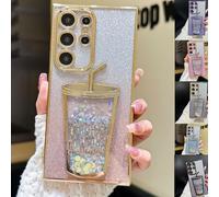 VIUXL Transparent 3D Milk Tea Cup Soft Mobile Phone Case for Samsung, Gradient Glitter Quicksand Milk Tea for Samsung S24/S23/S22 Ultra (S23,Gold)