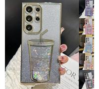 VIUXL Transparent 3D Milk Tea Cup Soft Mobile Phone Case for Samsung, Gradient Glitter Quicksand Milk Tea for Samsung S24/S23/S22 Ultra (S24 Ultra,Sliver)