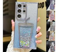 VIUXL Transparent 3D Milk Tea Cup Soft Mobile Phone Case for Samsung, Gradient Glitter Quicksand Milk Tea for Samsung S24/S23/S22 Ultra (S23 Ultra,Blue)