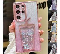 VIUXL Transparent 3D Milk Tea Cup Soft Mobile Phone Case for Samsung, Gradient Glitter Quicksand Milk Tea for Samsung S24/S23/S22 Ultra (S24 Ultra,Pink)