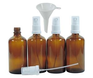 Viva Haushaltswaren - 4 x farmacia de pulverizador 100 ml de color marrón cristal, botellas de cristal pequeñas (con atomizador, efecto - Fabricado en Alemania & sin BPA (Incluye Embudo de 5 cm de diámetro)