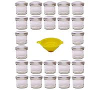 Viva Haushaltswaren G1130125/24T/silber/X - Lote de 24 tarros de Mermelada pequeños (125 ml, Tapa, Embudo Amarillo con sujeción)