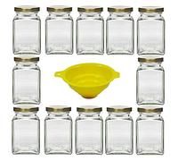 Viva Haushaltswaren - Juego de tarros de Cristal (12 Unidades, 260 ml, Tapa de Color Dorado, Incluye Embudo de Color Amarillo con Tope)