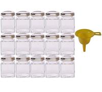 Viva-Haushaltswaren - Tarros de Cristal para Mermelada de tamaño Mini (15 Unidades, Capacidad de 50 ml, Incluye Tapa de Color Plateado y Embudo de Color Amarillo)