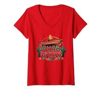 Viva Mexico Sombrero Cactus Fiesta Mexicanos para Hombre Camiseta Cuello V, Mujer, Rojo, M
