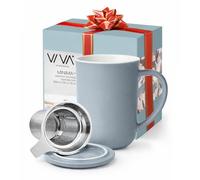 VIVA Minima Balance Taza infusora de porcelana azul brumoso - 17 oz / 500 ml con filtro de acero inoxidable y tapa - Perfecta para preparar té de hojas sueltas