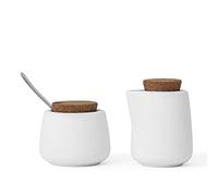 Viva Nicola Juego de Azúcar y Crema Blanca, Juego de Porcelana para Servir Café y Té - Jarra de Crema y Azucarero con Tapa de Corcho y Cuchara de Metal, 200 ml de Leche y Azúcar para Barra de Café