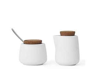 Viva Nicola Juego de Azúcar y Crema Blanca, Juego de Porcelana para Servir Café y Té - Jarra de Crema y Azucarero con Tapa de Corcho y Cuchara de Metal, 200 ml de Leche y Azúcar para Barra de Café