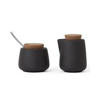 Viva Nicola Juego de Azúcar y Crema de Carbón, Juego de Porcelana para Servir Café y Té - Jarra de Crema y Azucarero con Tapa de Corcho y Cuchara de Metal, 200 ml de Leche y Azúcar para Barra de Café