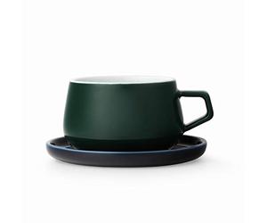 Viva Scandinavia Taza de té o café con platillo, de porcelana, con asa, 0,3 L, Verde Pino