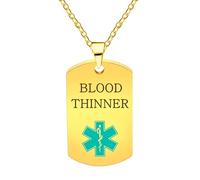 Vivaday Colgante de alerta de anticoagulante Collar de identificación médica verde azulado | Colgante grabado con información de emergencia | Collares de acero inoxidable ajustables YA5972