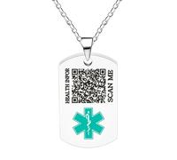 Vivaday Collar de alerta médica con código QR Colgante con símbolo verde azulado | Collares de identificación personalizados y grabados para adultos | Joyería deportiva unisex YA5972