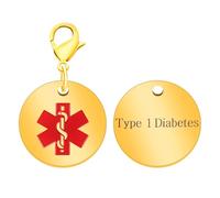 Vivaday Llavero Médico para Diabetes Tipo 1, Colgante Redondo para Personas Mayores, Joyería de Identificación SOS de Rescate en Acero Inoxidable Chapado en Oro para Abuelos, Padres