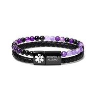 Vivaday Pulsera de identificación médica Pulsera clásica de cuero con cuentas | Pulsera de seguridad para viajes con nombre personalizado grabado | Ropa deportiva cómoda para hombre YA5553